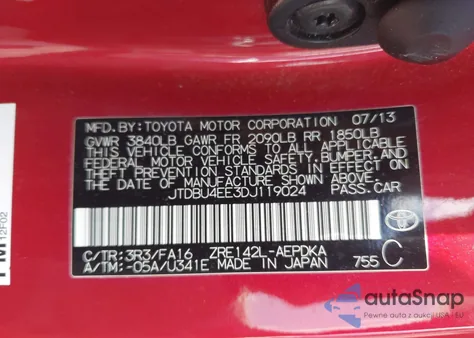 2013 Toyota Corolla L из США, поврежденный, VIN JTDBU4EE3DJ119024